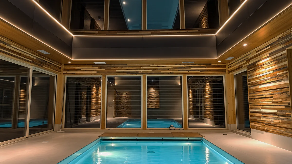 Piscine intérieure à Goux-les-Usiers, plafond noir et gorge lumineuse périphérique