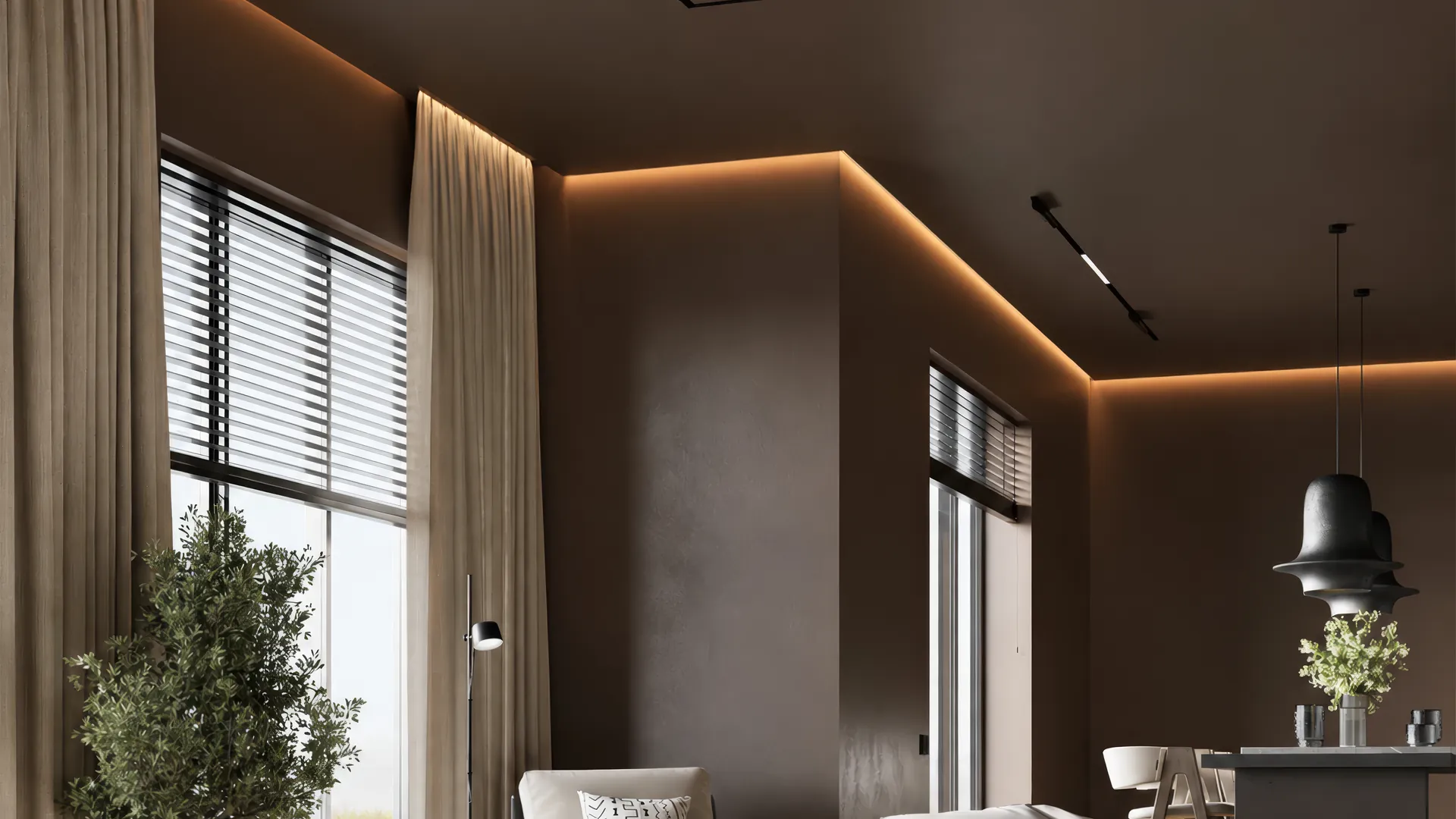 Séjour en double hauteur, gorge lumineuse continue le long du plafond